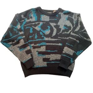 Saturdays Vintage Abstract Geometric Knit Sweater Mens Large Black Teal 90s